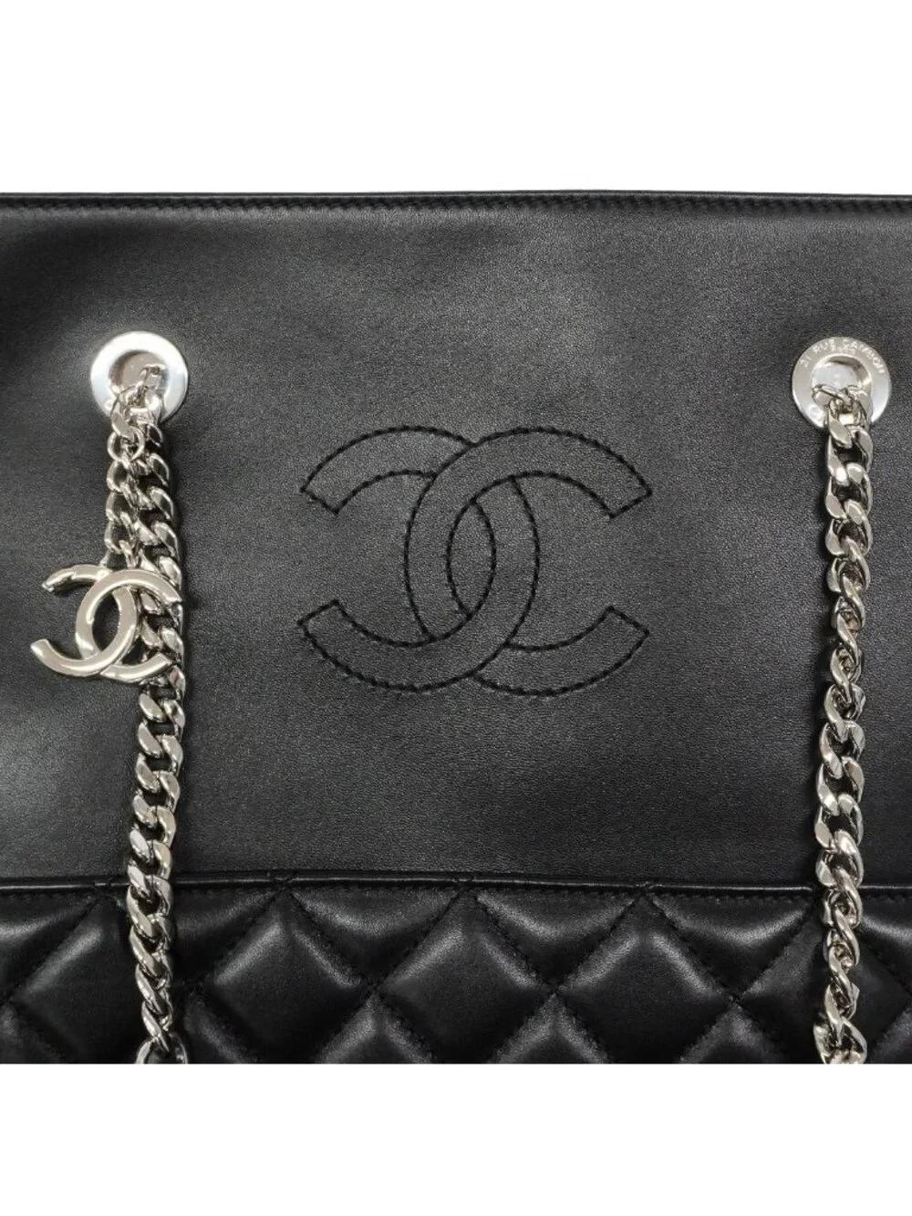 Chanel Tote Bag Quilted Lambskin Black Silver